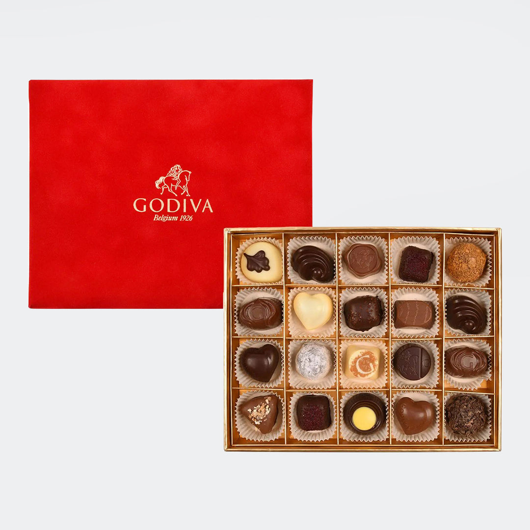 Luxurious Godiva Red Velvet Chocolate Box with Elegant White Roses Vase Arrangement