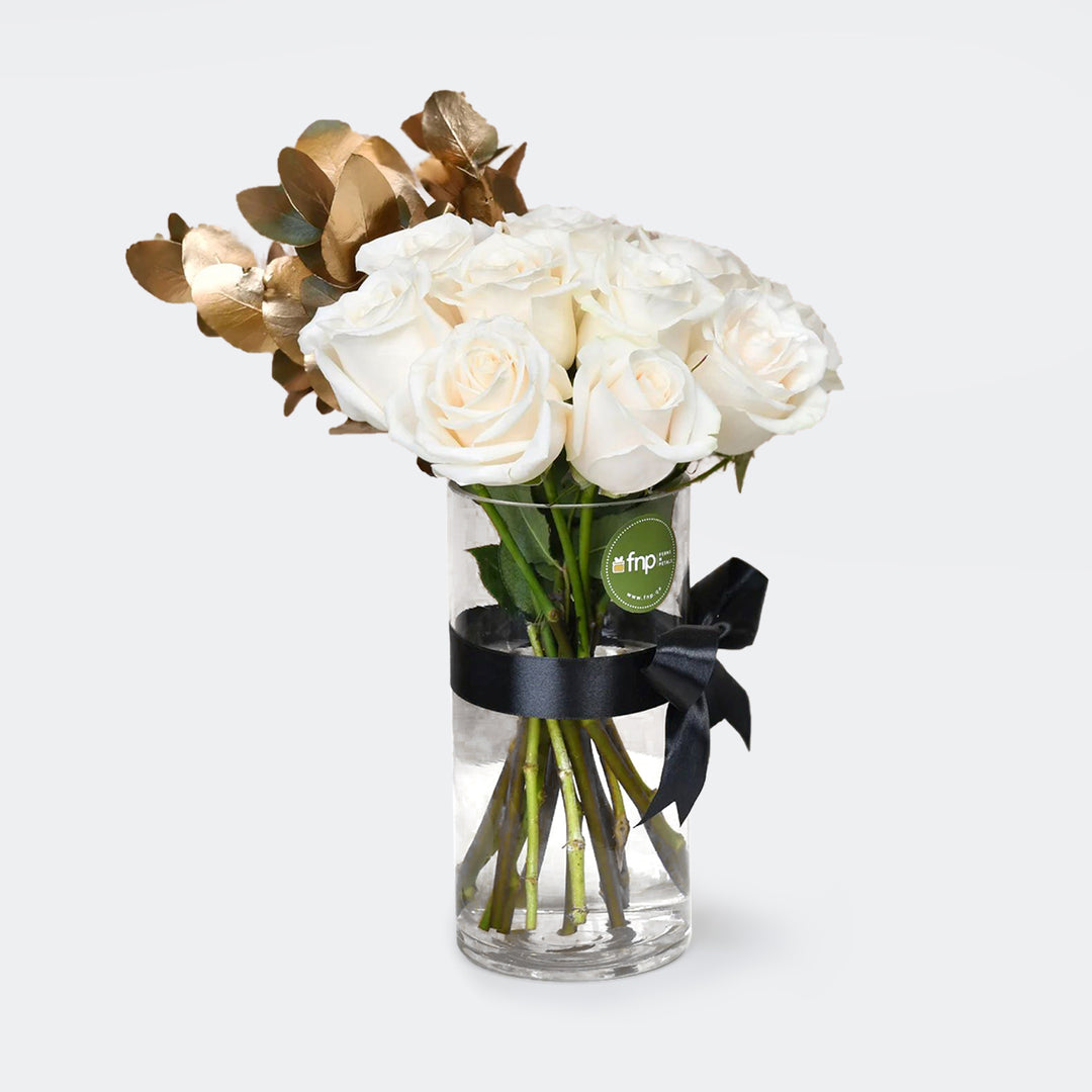 Luxurious Godiva Red Velvet Chocolate Box with Elegant White Roses Vase Arrangement