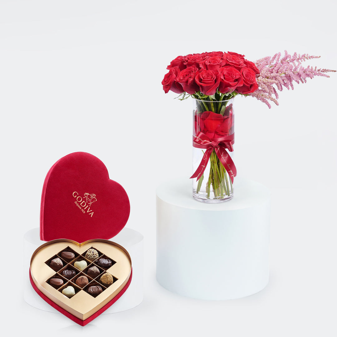 Godiva | Red Velvet Heart Gift Box - 12 Pieces & Ravishing Romance Bouquet