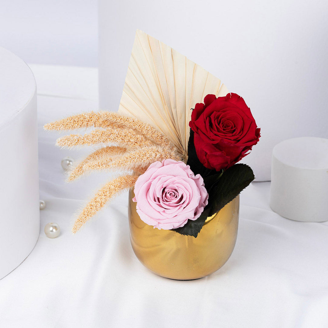 ثنائي الورود المحفوظة بسحر ذهبي في مزهرية أنيقة