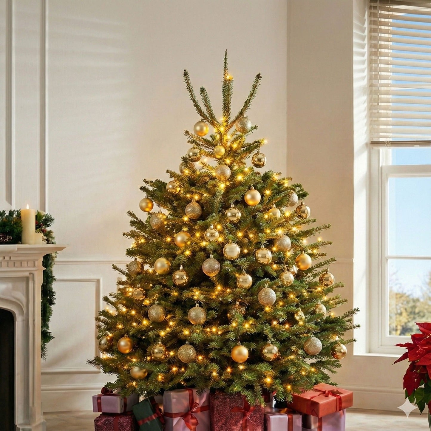 Golden Glow 6-Foot Artificial Christmas Tree with LED Lights and Gold Baubles