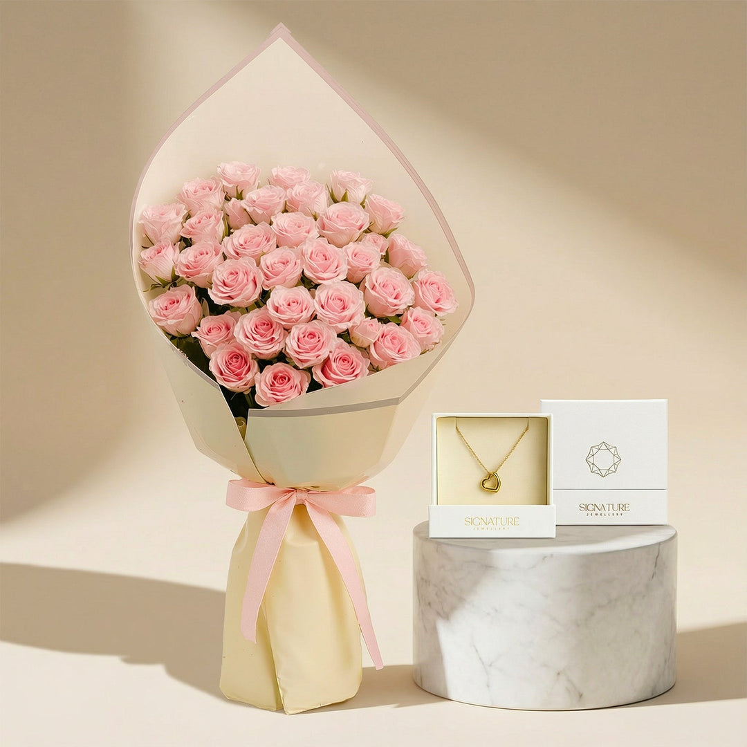 Golden Heart Pendant with Pink Roses Bouquet - A Perfect Gift of Love and Elegance