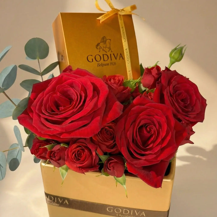 Golden Love Affair: Luxurious Roses & Godiva Chocolates
