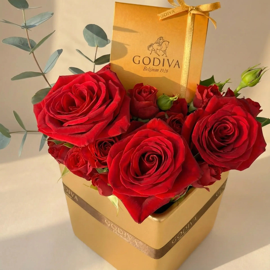 Golden Love Affair: Luxurious Roses & Godiva Chocolates