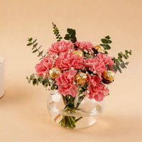 Elegant Pink Carnation Bouquet with Ferrero Rocher in Glass Vase