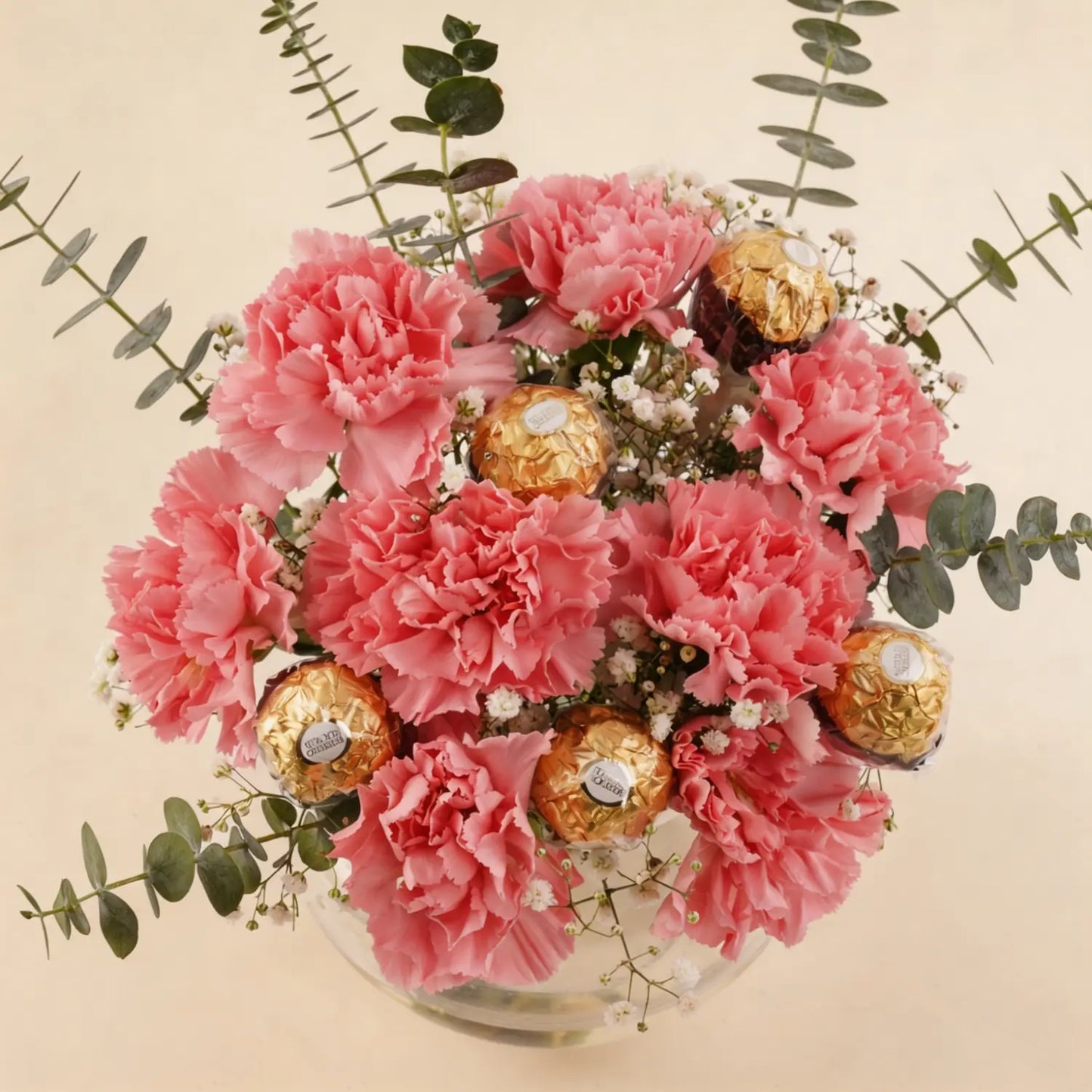 Elegant Pink Carnation Bouquet with Ferrero Rocher in Glass Vase