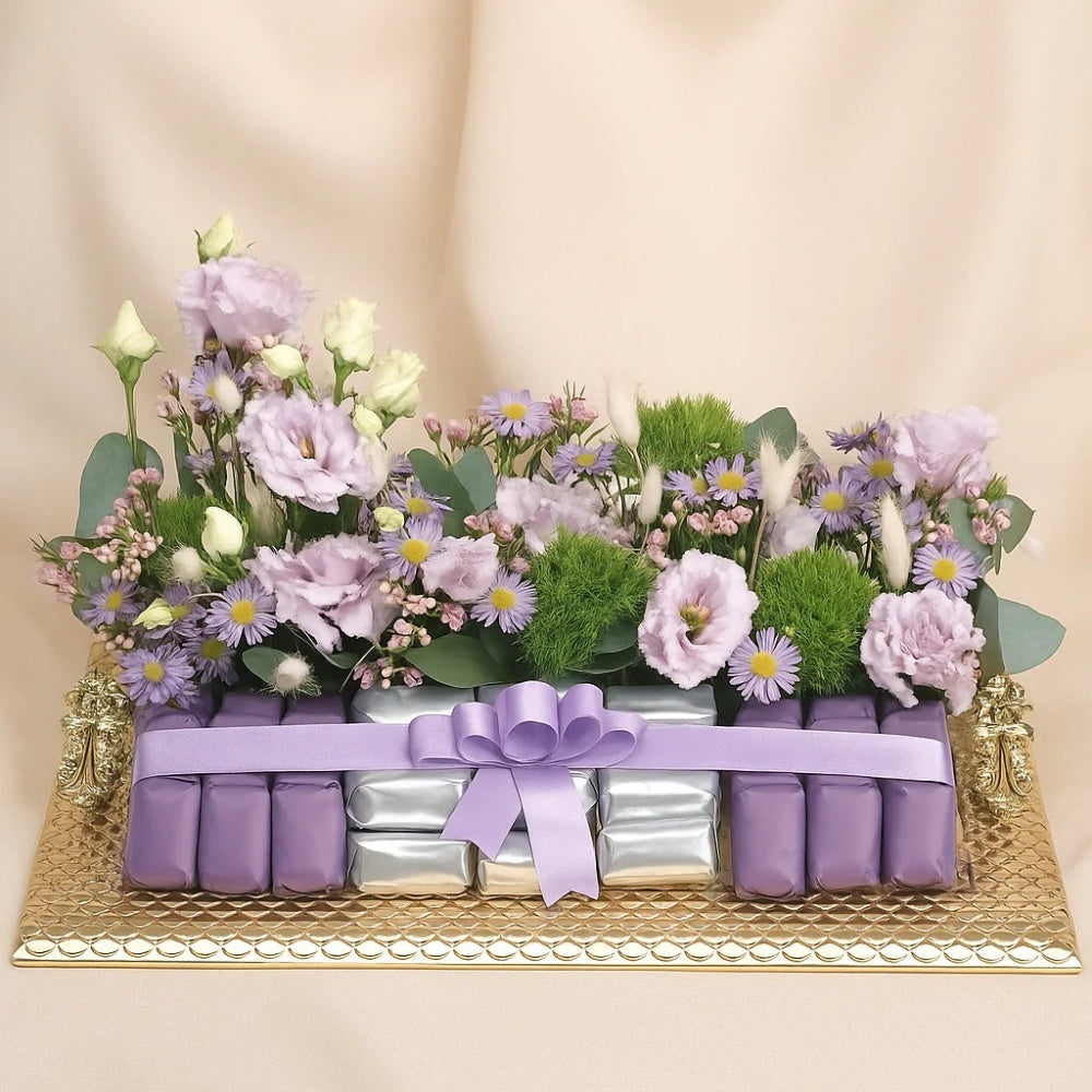 Elegant Golden Tray with Mixed Purple Flowers & Premium Chocolates