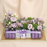 Elegant Golden Tray with Mixed Purple Flowers & Premium Chocolates