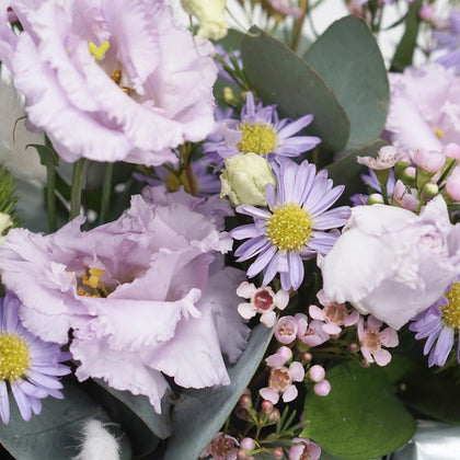 Elegant Golden Tray with Mixed Purple Flowers & Premium Chocolates