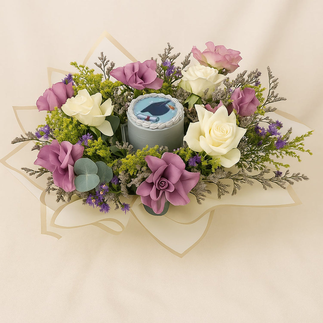 Elegant Graduation Gift Set: Purple Rose Bouquet and Chocolate Mono Cake