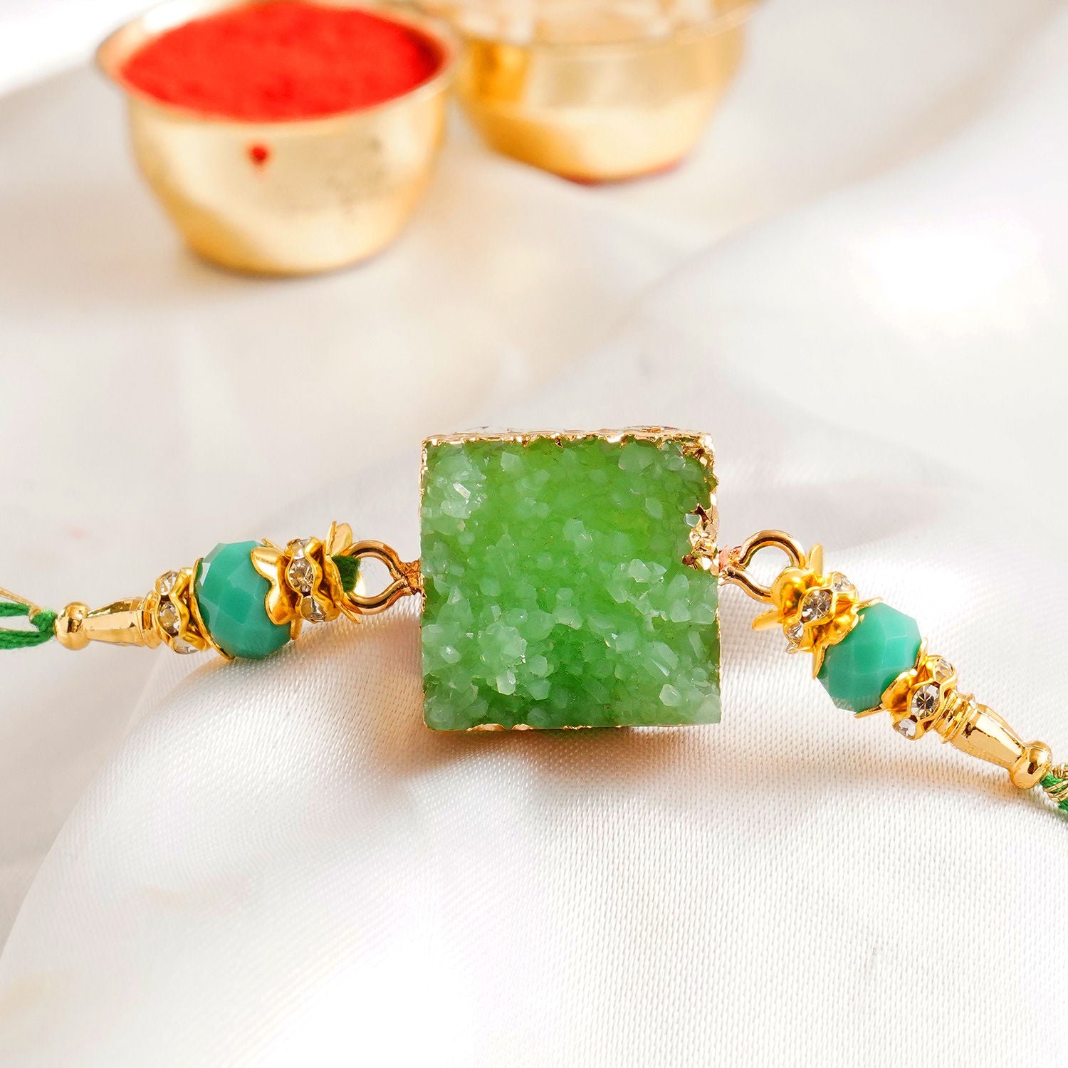 Green Agate Stone Rakhi And Lindt Chocolate