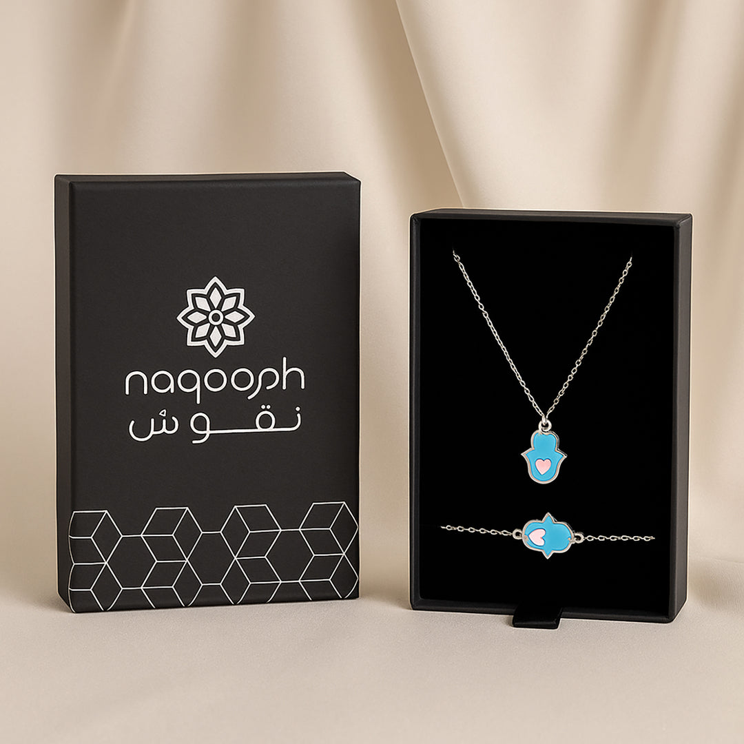 Hamsa Heart Necklace Set - Blue Edition with Elegant Flower Arrangement