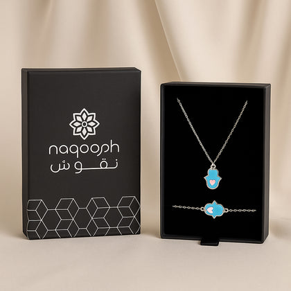 Hamsa Heart Necklace Set Blue Edition With Flower Arrangement