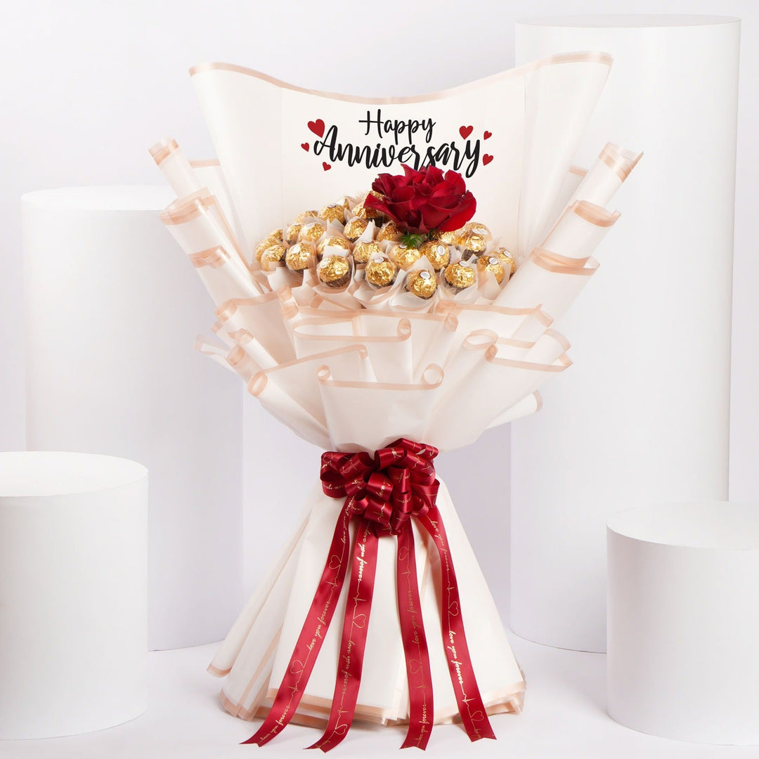 Luxurious Happy Anniversary Rocher Bouquet with Red Rose