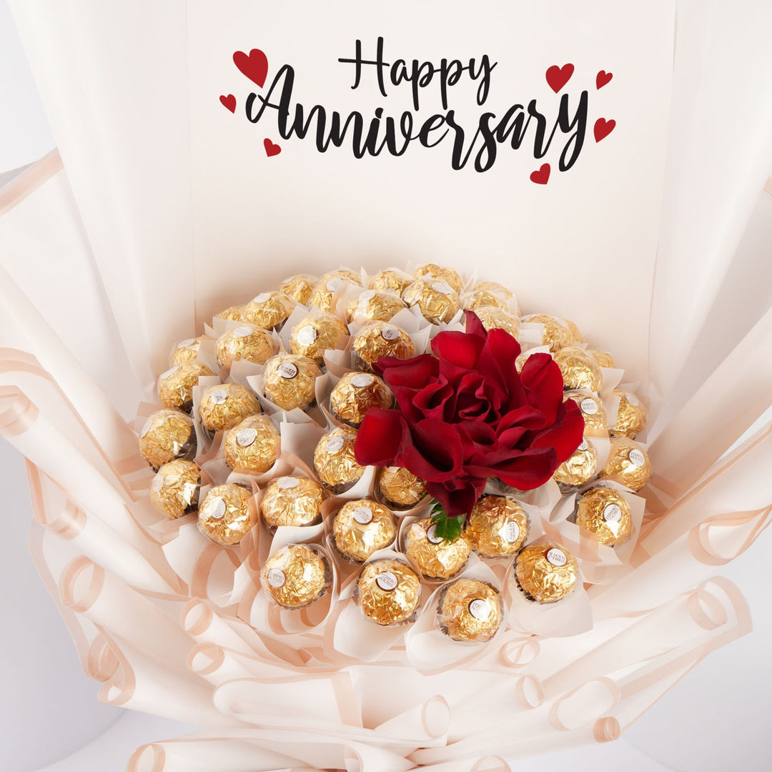 Luxurious Happy Anniversary Rocher Bouquet with Red Rose