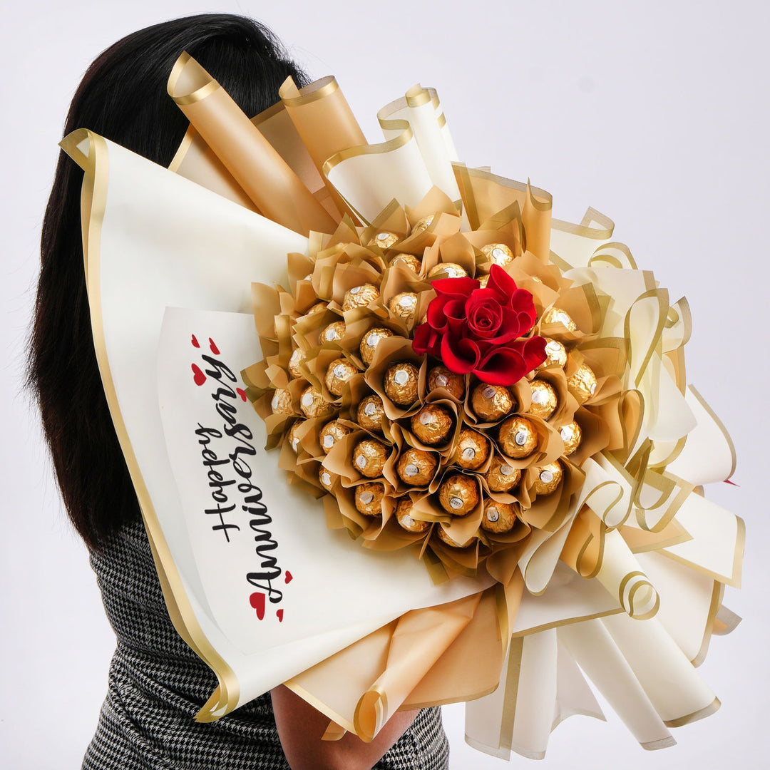 Luxurious Happy Anniversary Rocher Bouquet with Red Rose