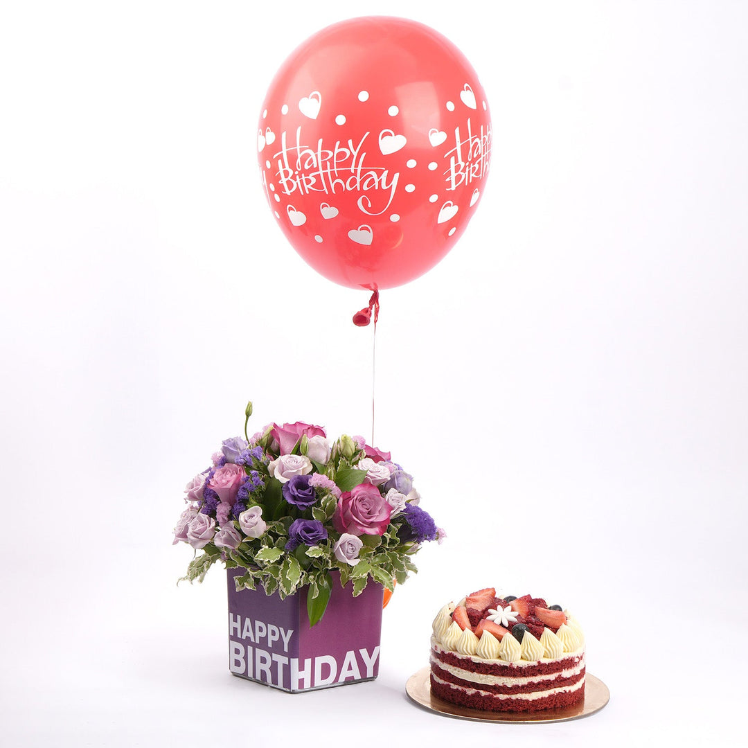 Elegant Birthday Celebration Set: Flowers, Red Velvet Cake & Balloon