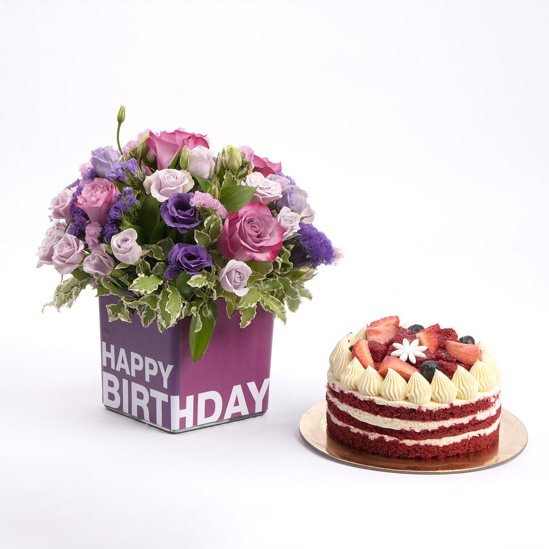 Elegant Birthday Blooms with Red Velvet Cake