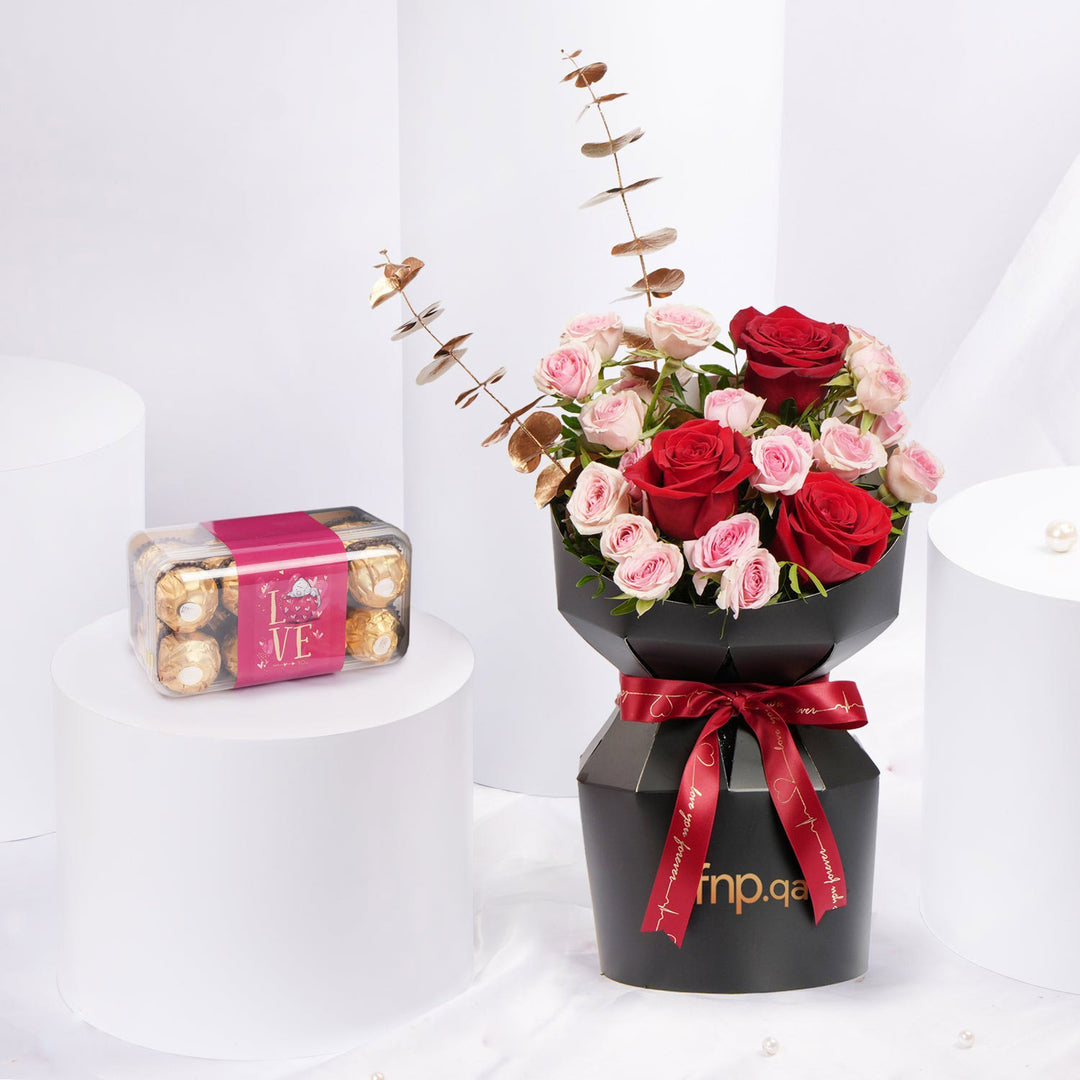 Heartfelt Bliss Bouquet with 16pcs Ferrero Rocher - A Perfect Gift of Love