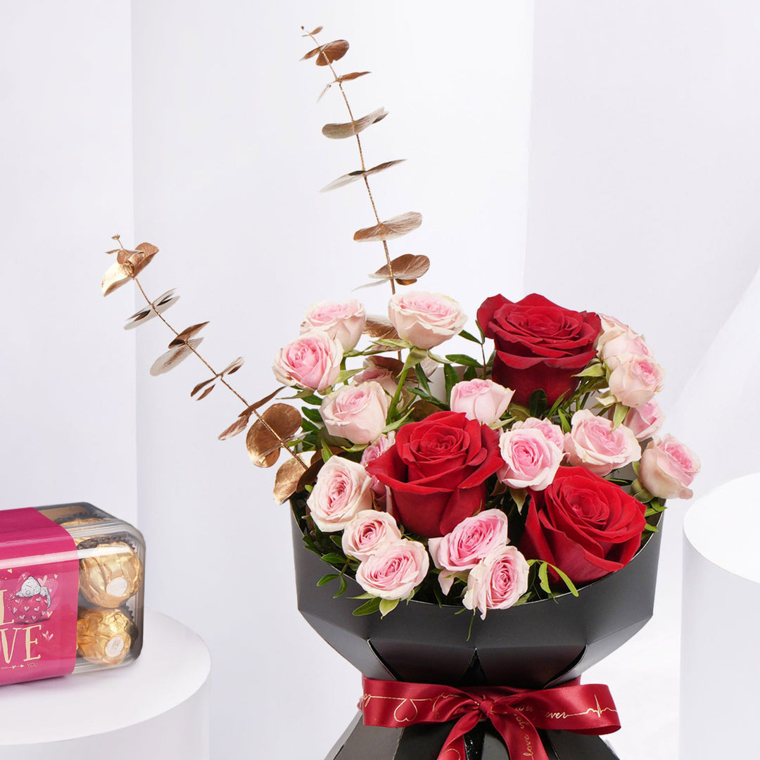 Heartfelt Bliss Bouquet with 16pcs Ferrero Rocher - A Perfect Gift of Love