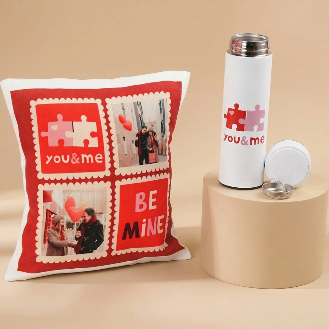 Personalized You & Me Cushion and Stainless Steel Bottle Gift Set