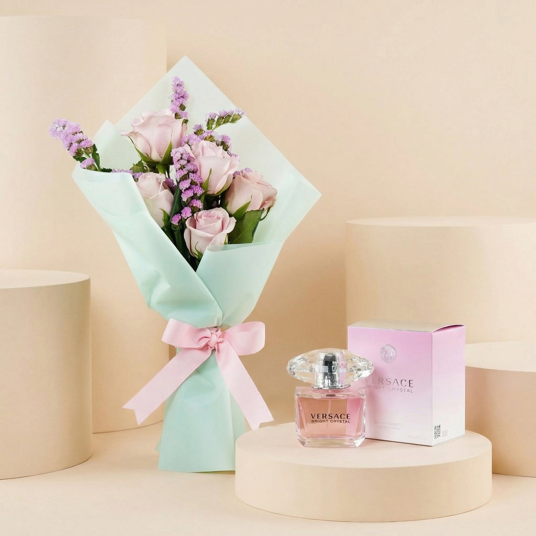 Rosy Love with Versace: Elegant Pink Rose Bouquet & Versace Bright Crystal Perfume