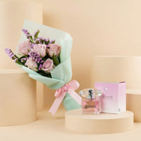 Rosy Love with Versace: Elegant Pink Rose Bouquet & Versace Bright Crystal Perfume