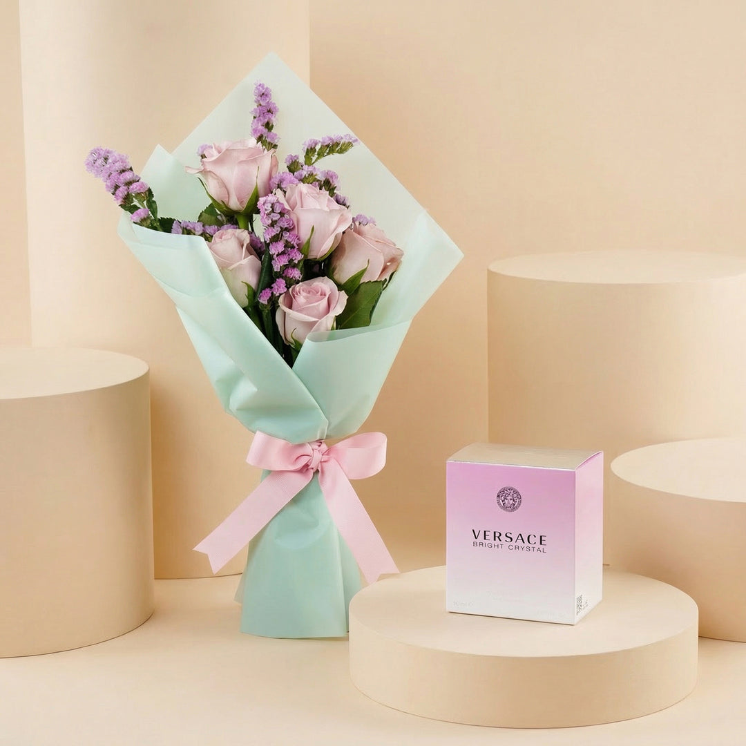 Rosy Love with Versace: Elegant Pink Rose Bouquet & Versace Bright Crystal Perfume