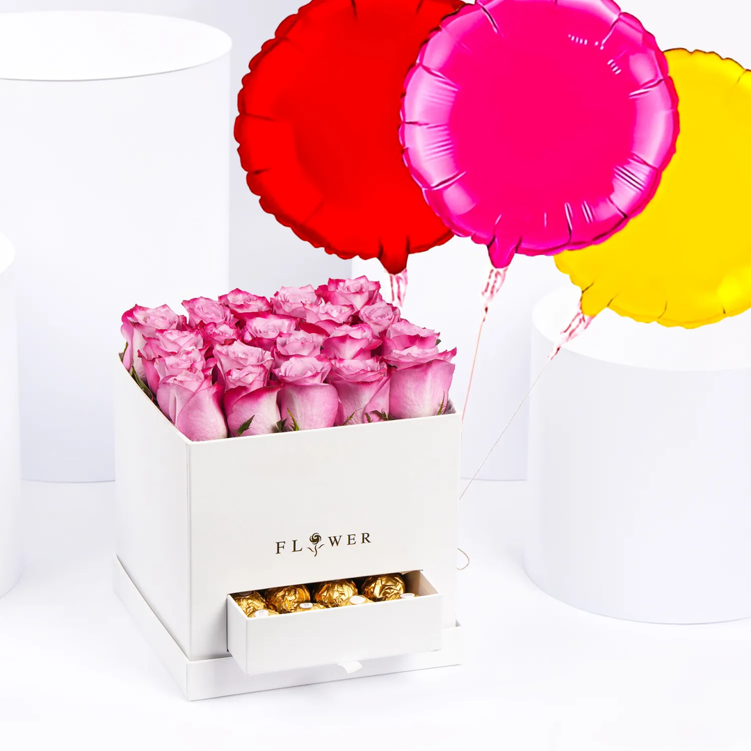 Elegant Purple Rose and Chocolate Gift Box with Colorful Balloons