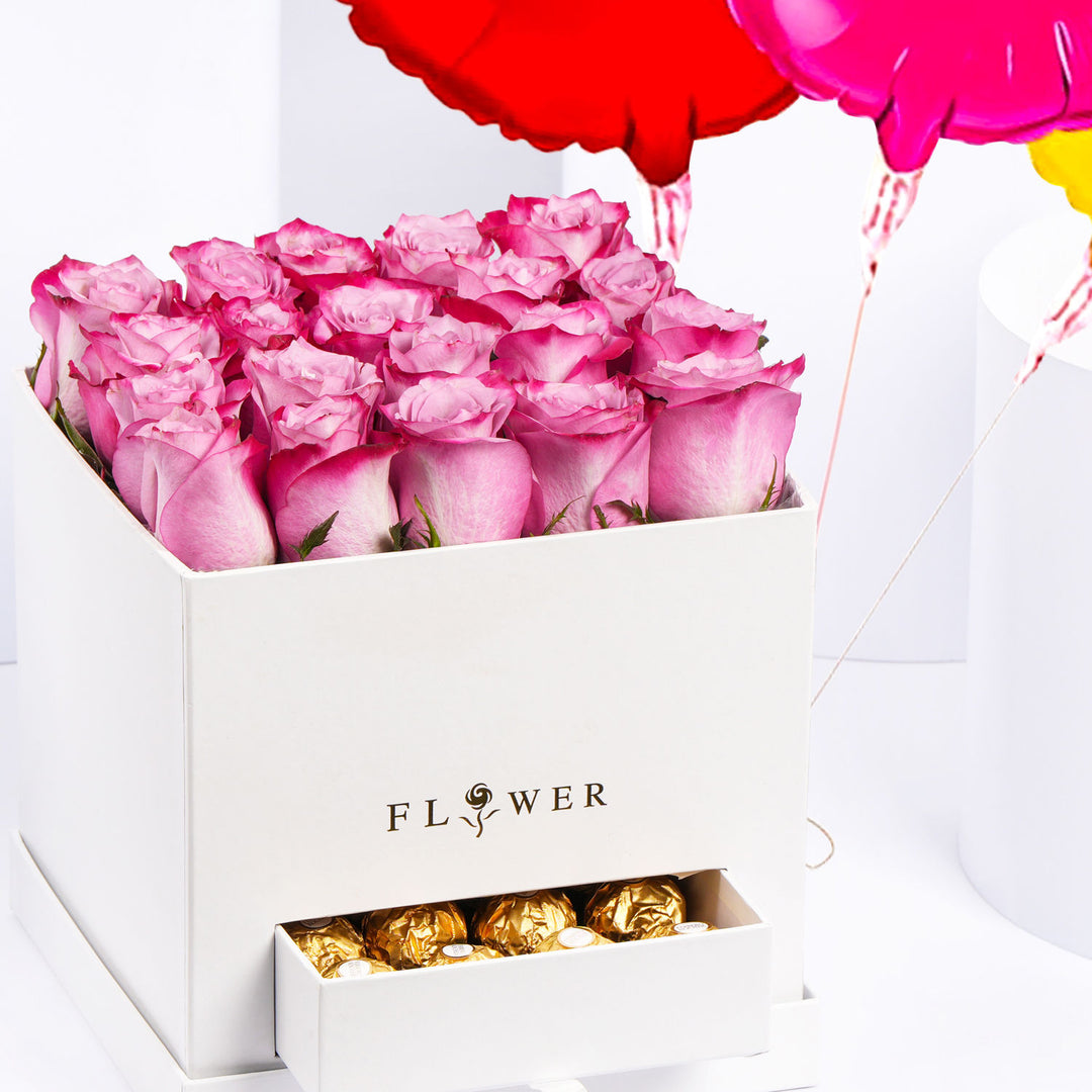Elegant Purple Rose and Chocolate Gift Box with Colorful Balloons