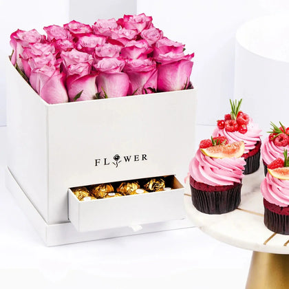Elegant Purple Roses with Ferrero Rocher and Red Velvet Cupcakes
