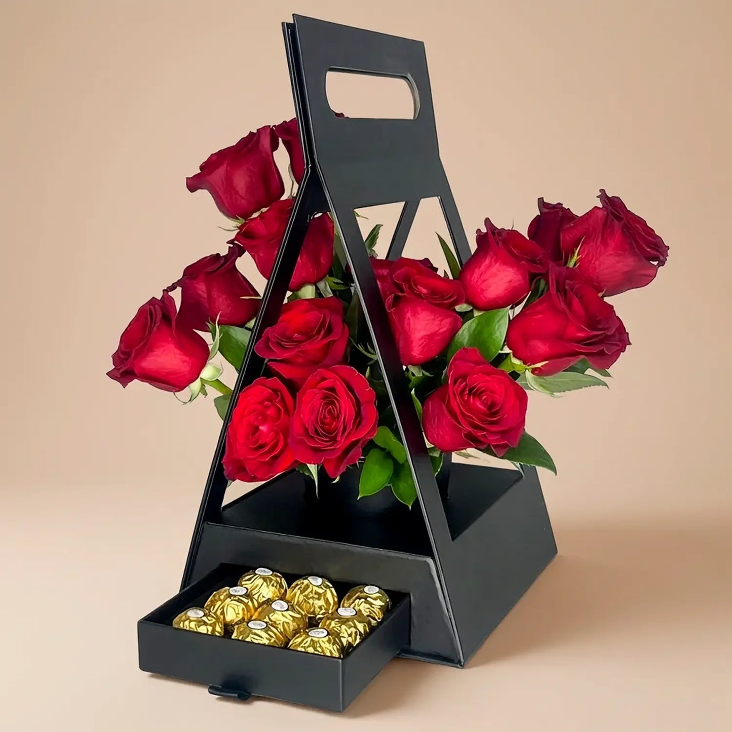 Elegant Hut Shaped Box with Red Roses and Ferrero Rocher Chocolates