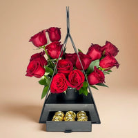 Elegant Hut Shaped Box with Red Roses and Ferrero Rocher Chocolates