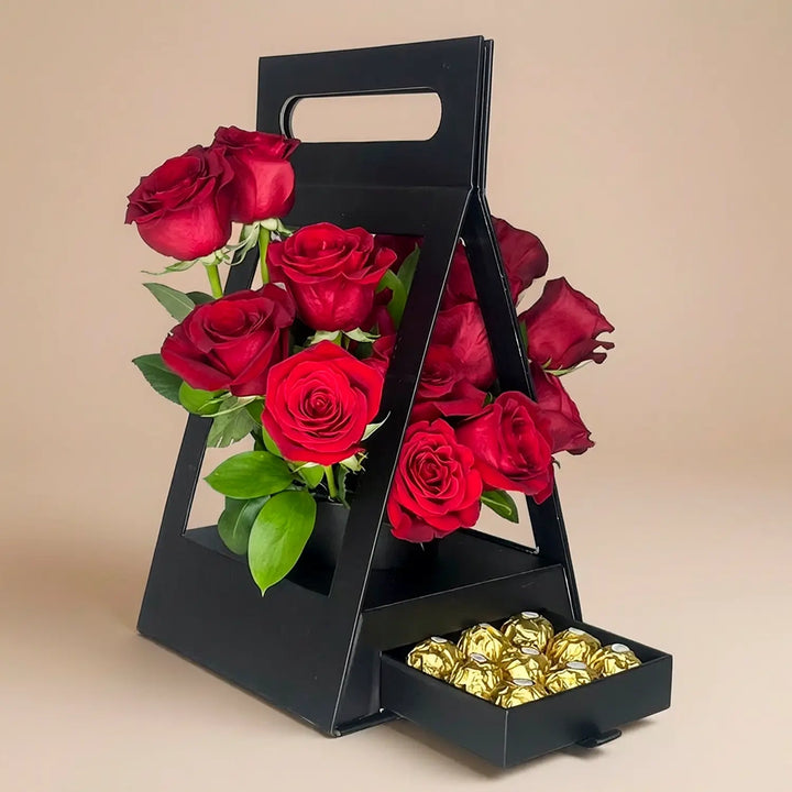 Elegant Hut Shaped Box with Red Roses and Ferrero Rocher Chocolates