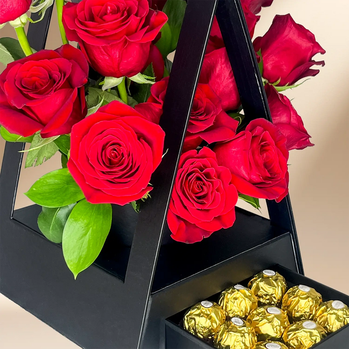 Elegant Hut Shaped Box with Red Roses and Ferrero Rocher Chocolates