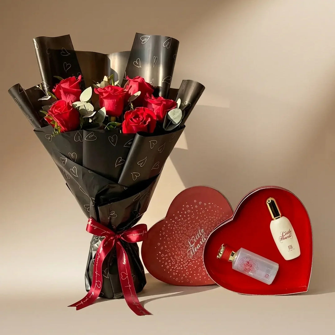 رومانسية عيد الحب: باقة ورود ومجموعة عطر