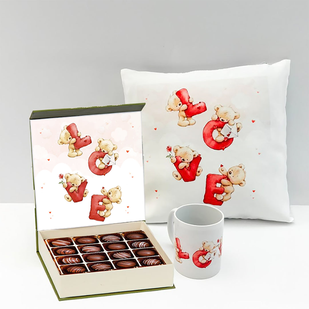 مجموعة حب عيد الحب الرائعة: وسادة، كوب، وشوكولاتة بلجيكية