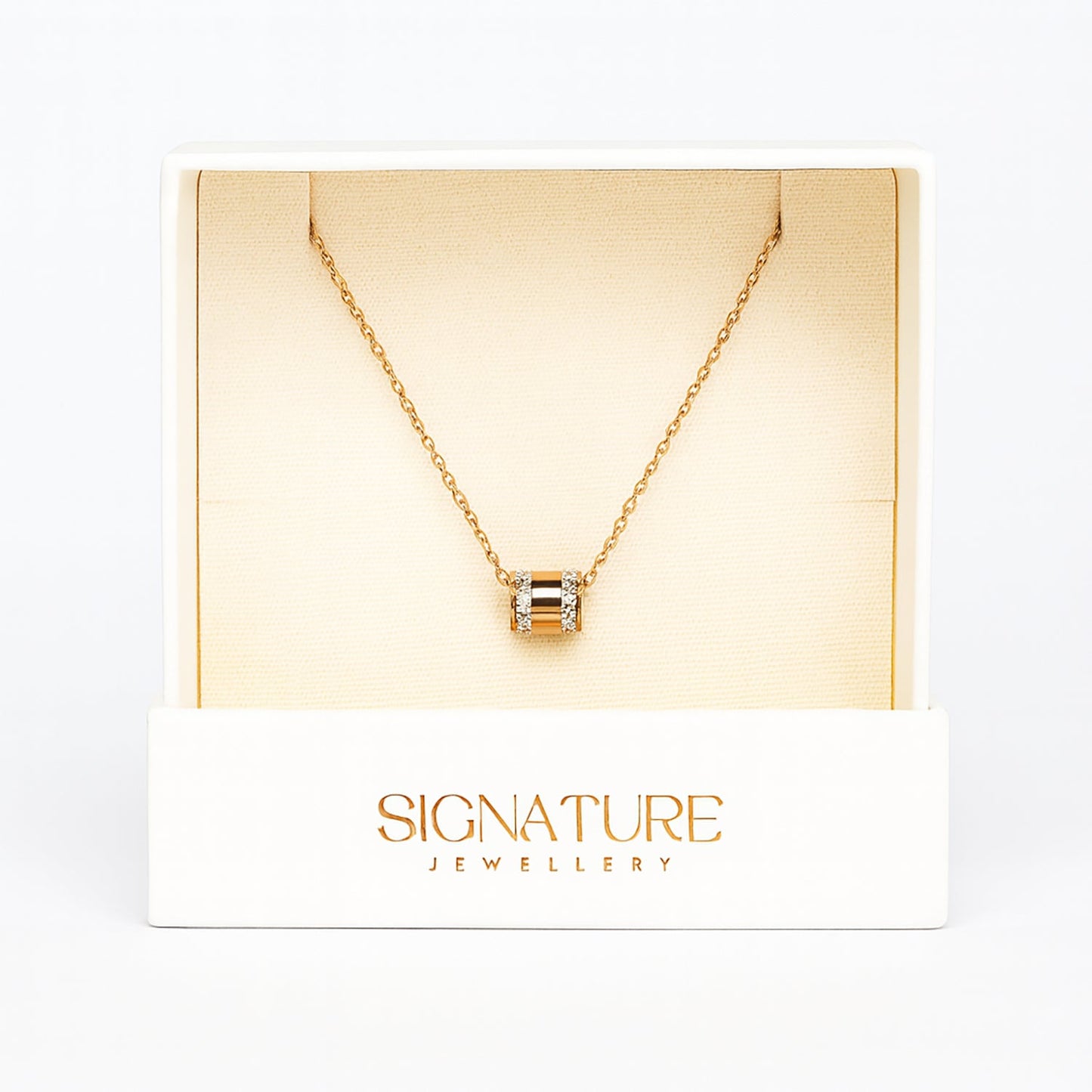 Imperial Gold & Crystal Stainless Steel Roman Barrel Necklace by Signature - Elegance Redefined