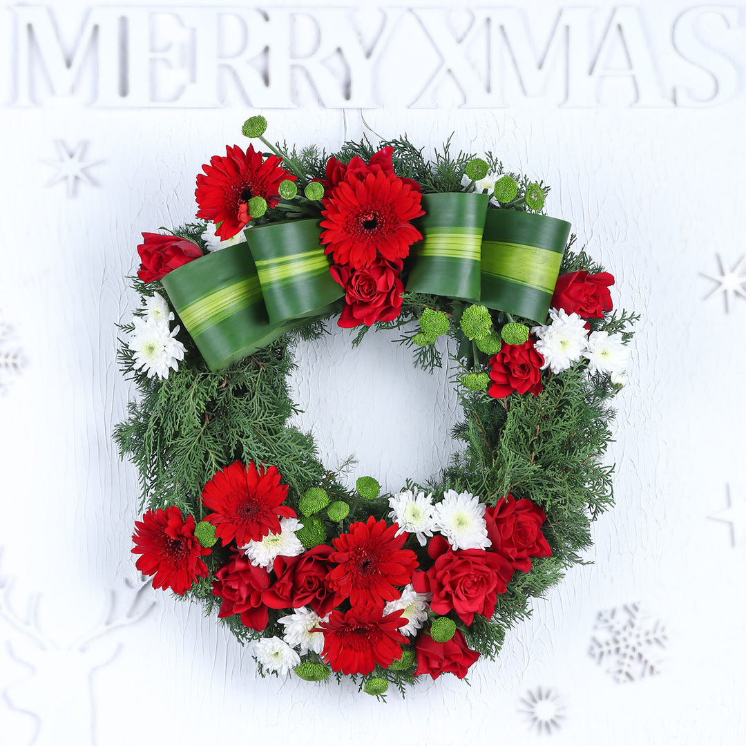Festive Jolly Christmas Floral Wreath with Roses and Gerberas