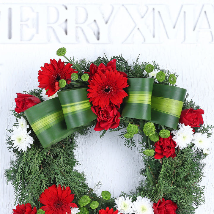 Festive Jolly Christmas Floral Wreath with Roses and Gerberas