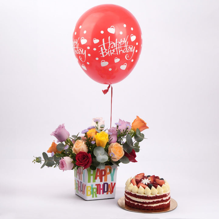 Joyous Birthday Celebration Set with Vibrant Flower Vase, Red Velvet Cake & Balloon