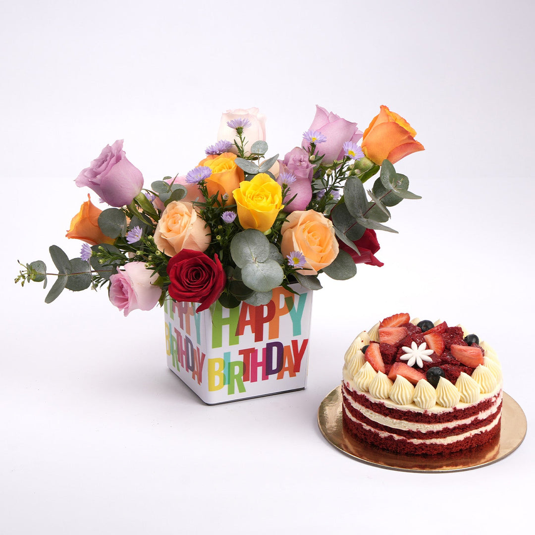 Joyous Birthday Floral Vase with Red Velvet Cake Delight