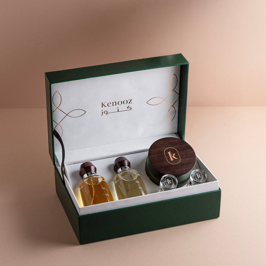 Kenooz Aroma Box | Luxurious Green Leather Perfume Set for Ramadan