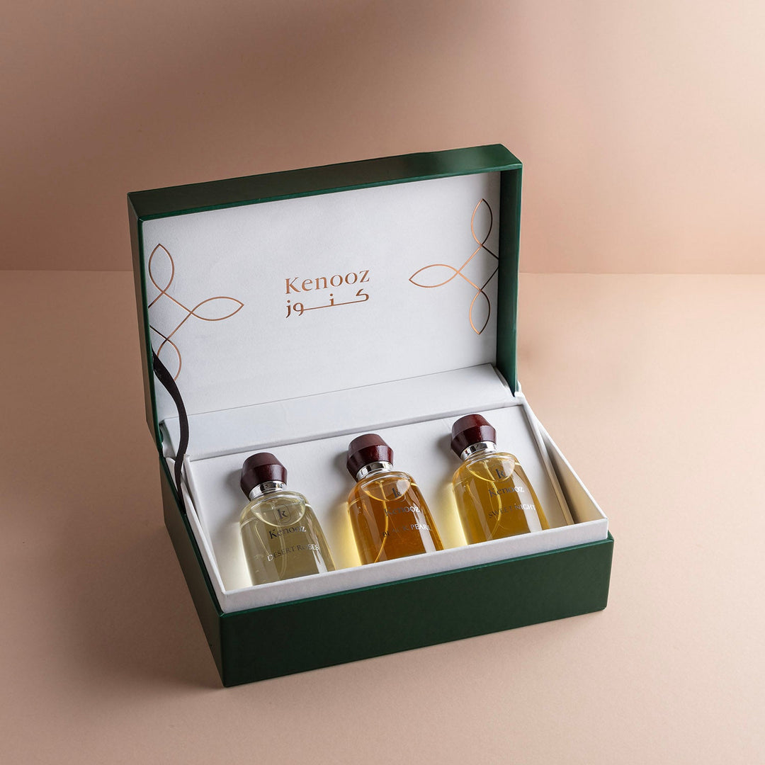 Kenooz | Luxurious Ramadan Perfume Trio in Green Leather Box