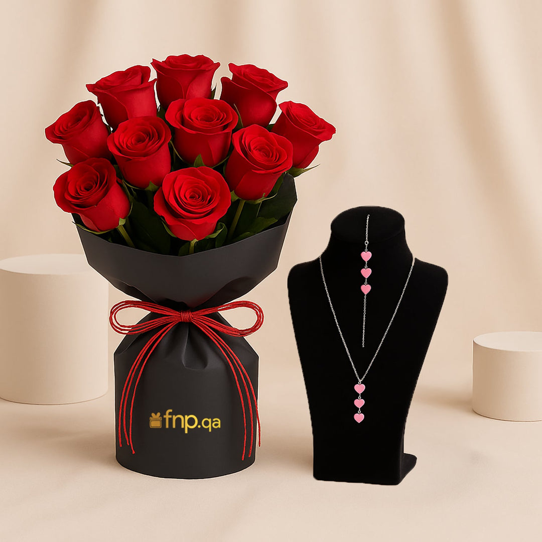 Lavender Dreams Necklace Set with Red Roses Bouquet