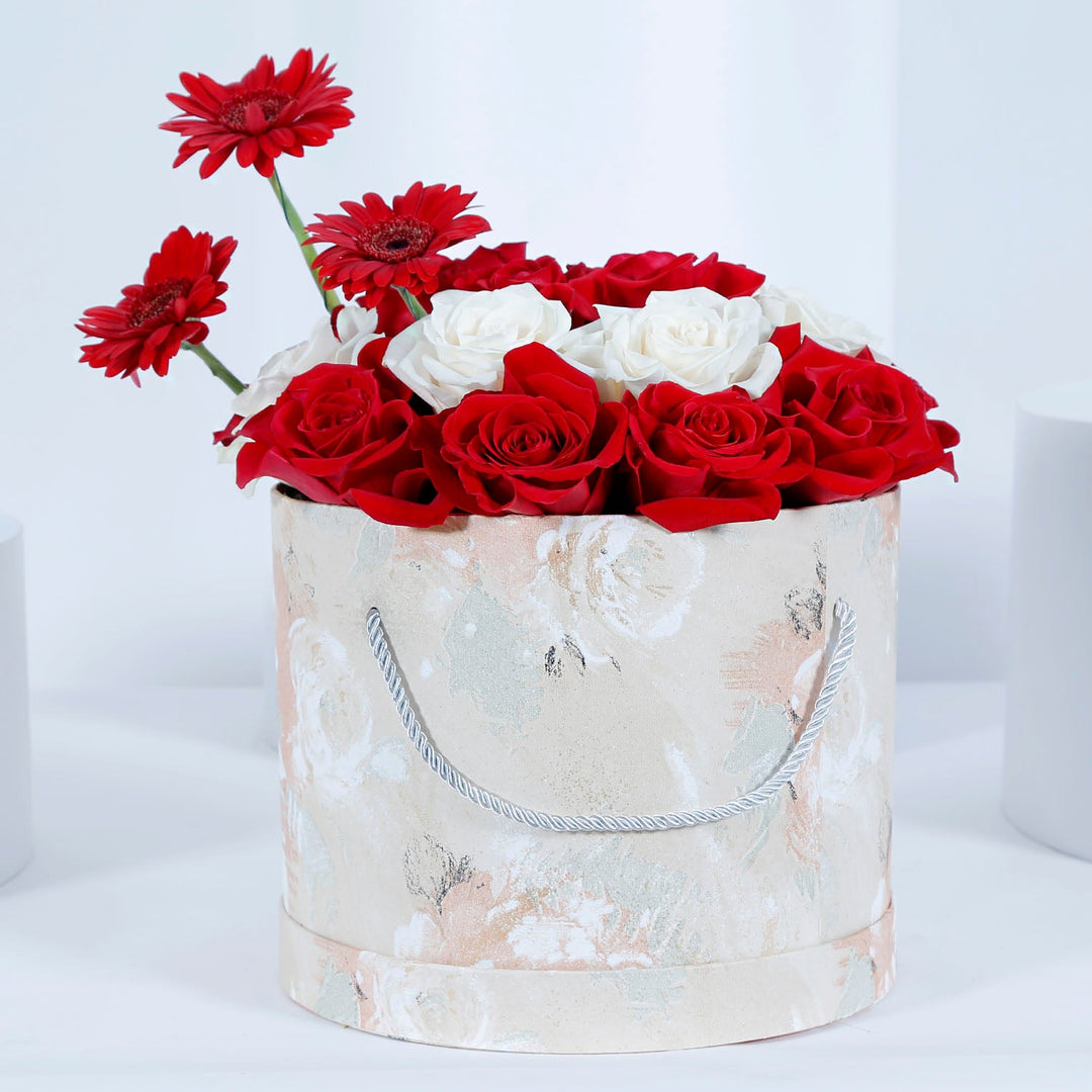 Elegant Love Roses Basket with Red and White Blooms