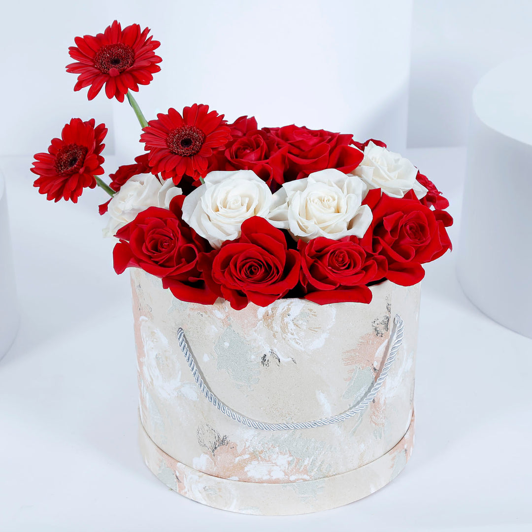 Elegant Love Roses Basket with Red and White Blooms