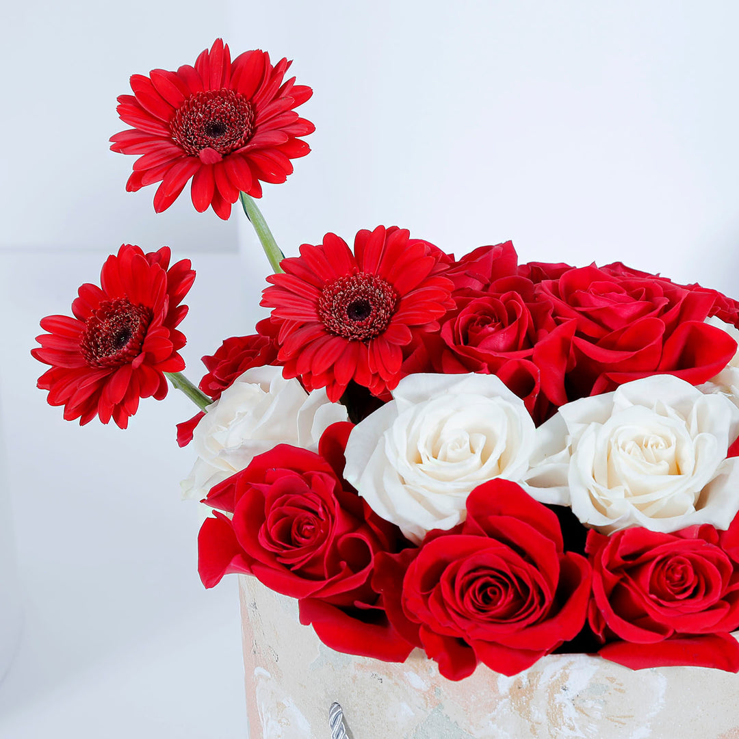 Elegant Love Roses Basket with Red and White Blooms