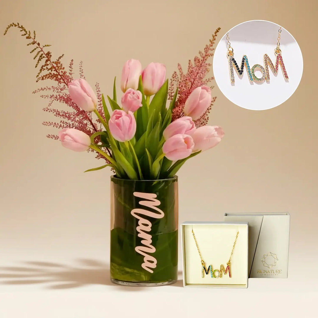 Elegant Pink Tulip Arrangement & Signature MOM Necklace Set