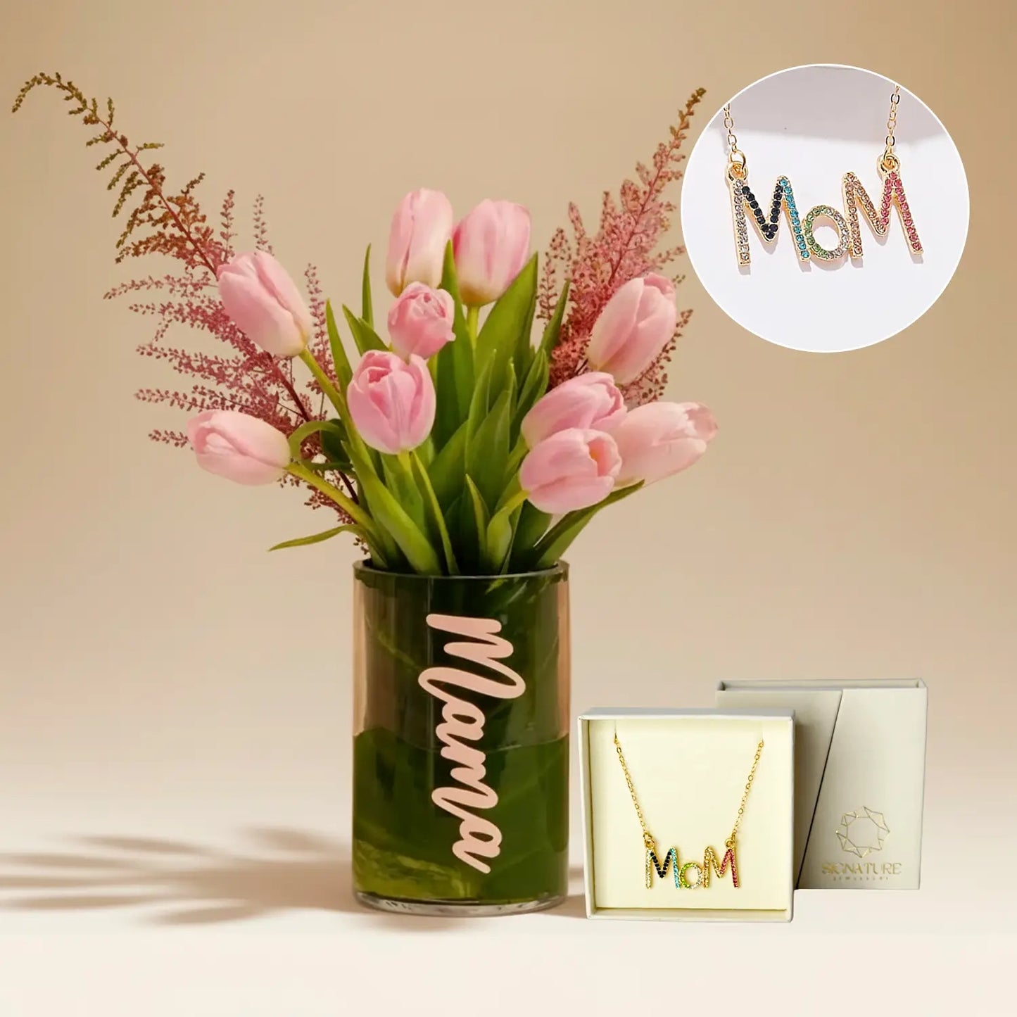 Elegant Pink Tulip Arrangement & Signature MOM Necklace Set